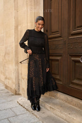 Choklate Paris asymmetrischer Leopardenrock mit Spitze in Kakao