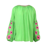 Jep Holland Florence Grün Baumwollbluse mit pinker Blumenstickerei