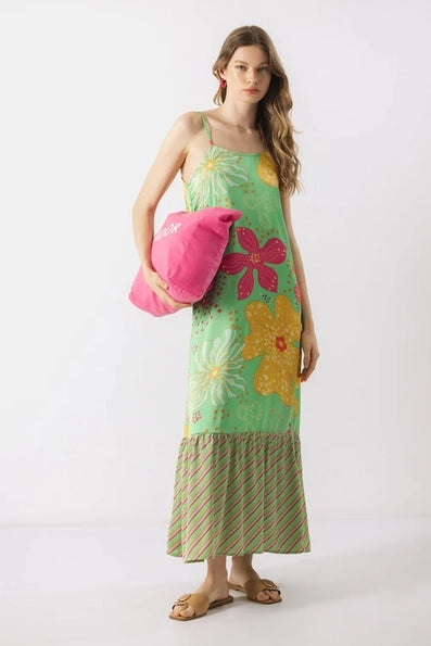 Lanidor Maxikleid mit tropischem Blumenprint - Trägerkleid in Grün mit Volant und bunten Blüten