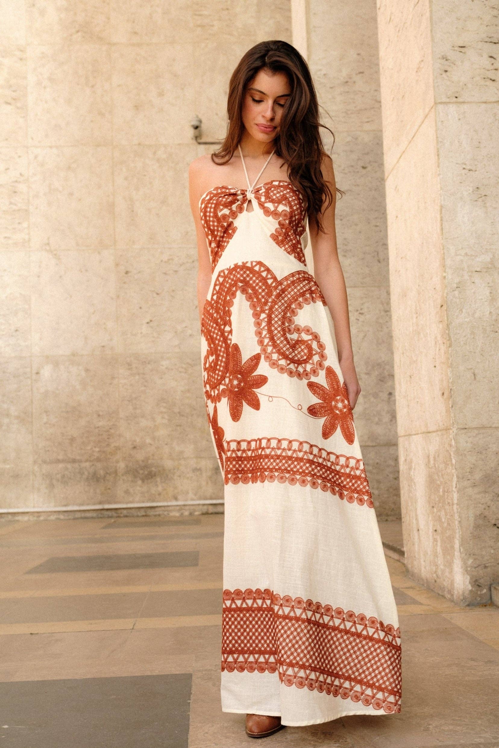 Purple Queen Kleid Indri Ivory/Terrakotta mit Häkelstickerei