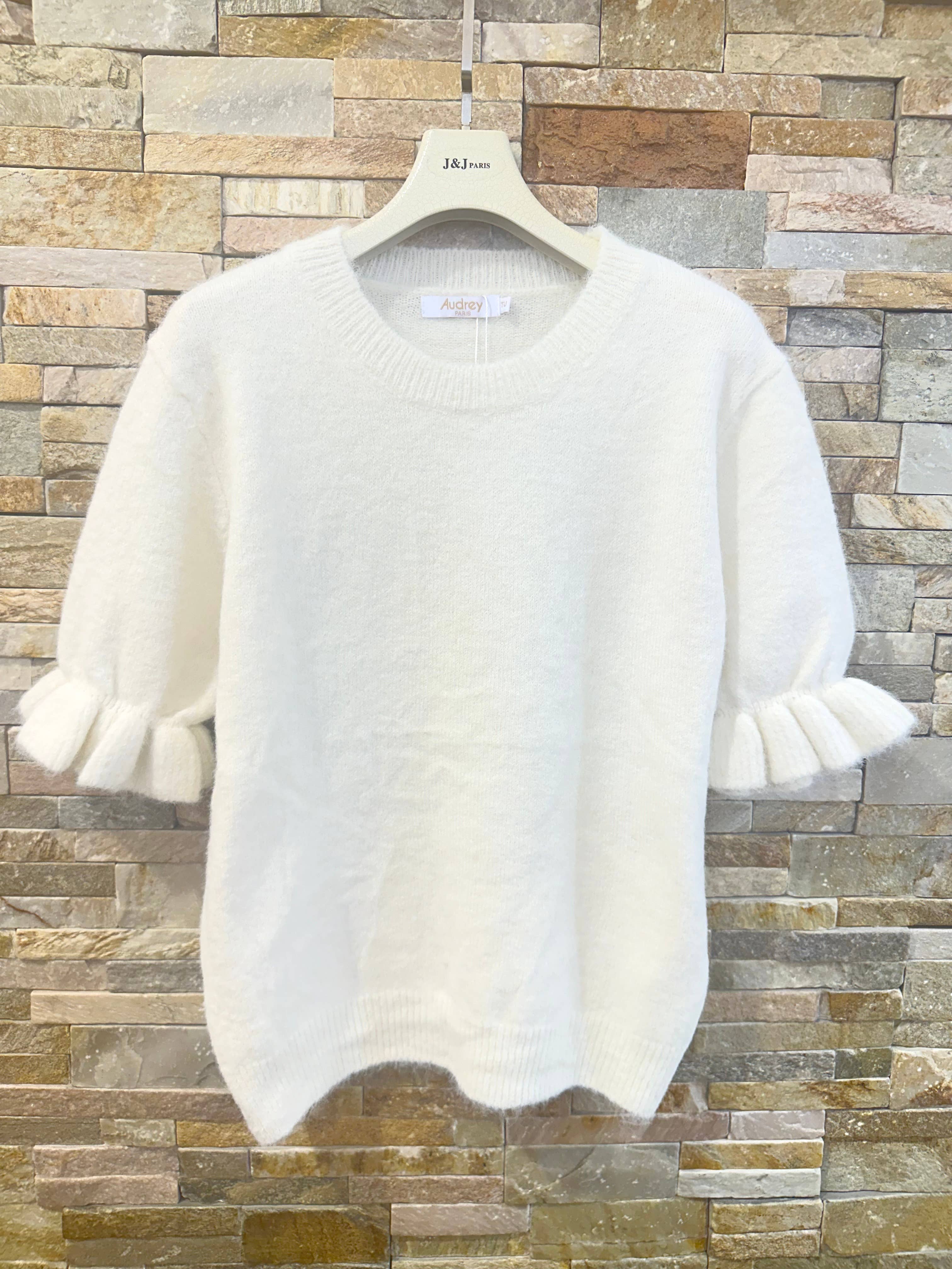 ✨ Weicher Feinstrickpullover mit Volantärmeln AP185: Blanc / Standardmäßig / Eine Größe