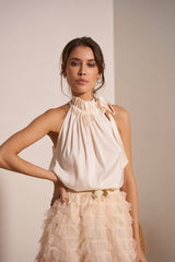 Choklate Paris - Satin Top Elisabeth in Champagner mit Schleife am Kragen - Elegantes Neckholder-Top