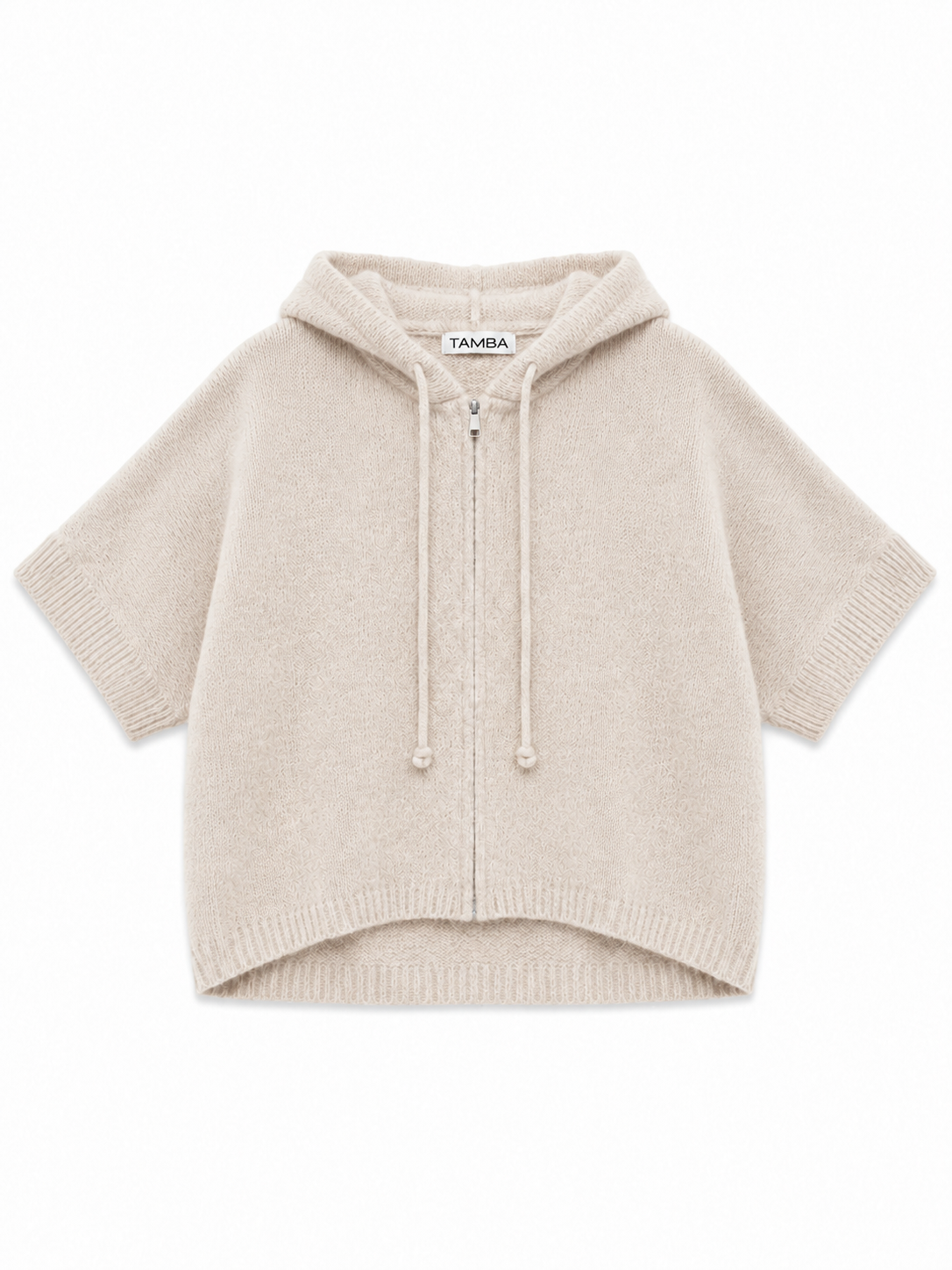 Tamba Flauschige Kapuzen-Strickjacke mit halblangen Ärmeln Beige