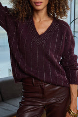 Lulumary Weicher Strickpullover Bordeaux mit silbernem Perlenbesatz
