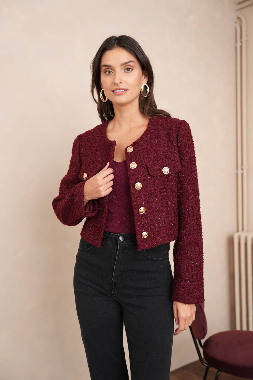 Jenny kurze Jacke aus Pailletten-Tweed - CK08346-1: Bordeaux / 1S-1L