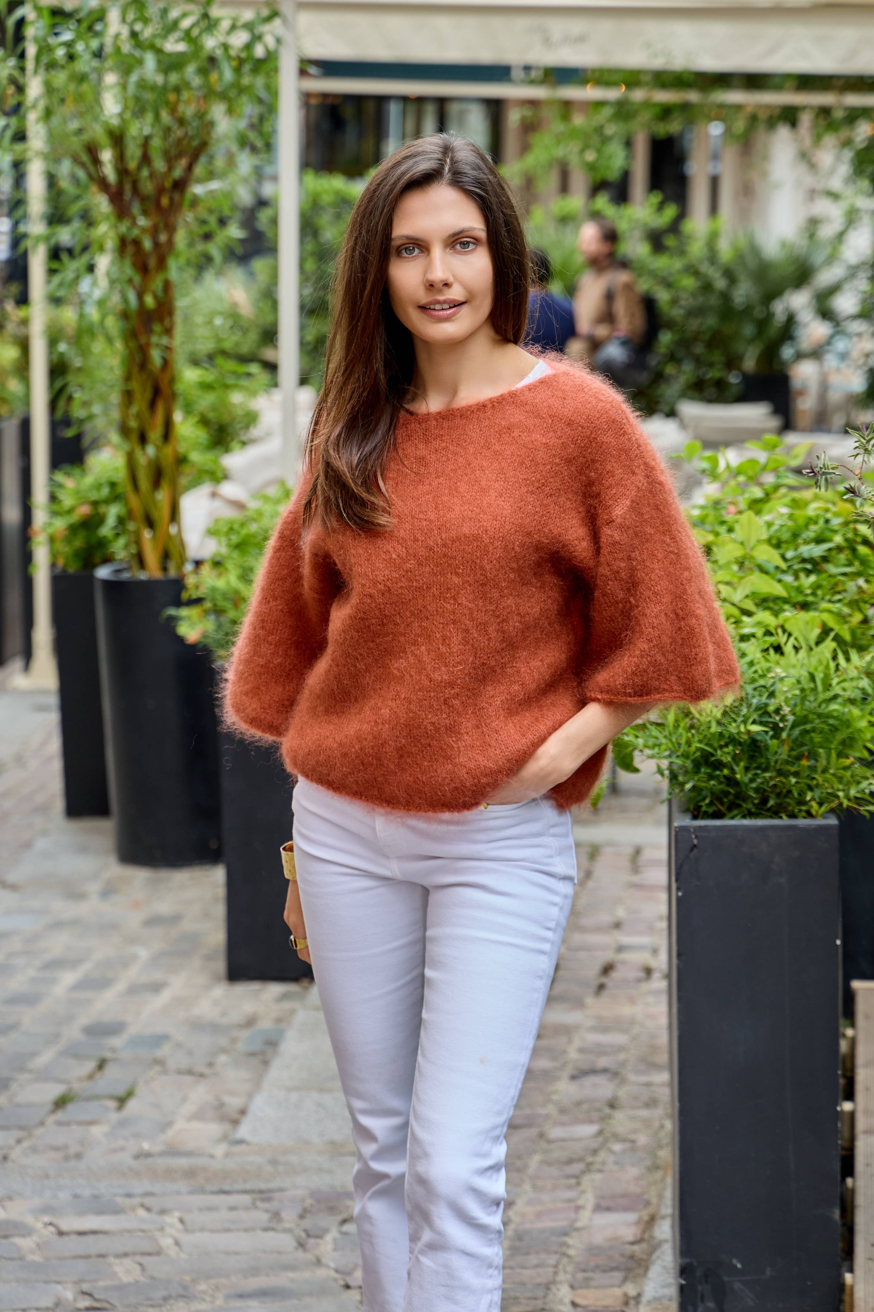 Pullover mit Bootsausschnitt, 3/4-Ärmeln, aus 76 % Mohair und Wolle: Auberginen / Eine Größe