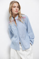 Lanidor Bluse mit Stickerei Gestreift Runder Ausschnitt