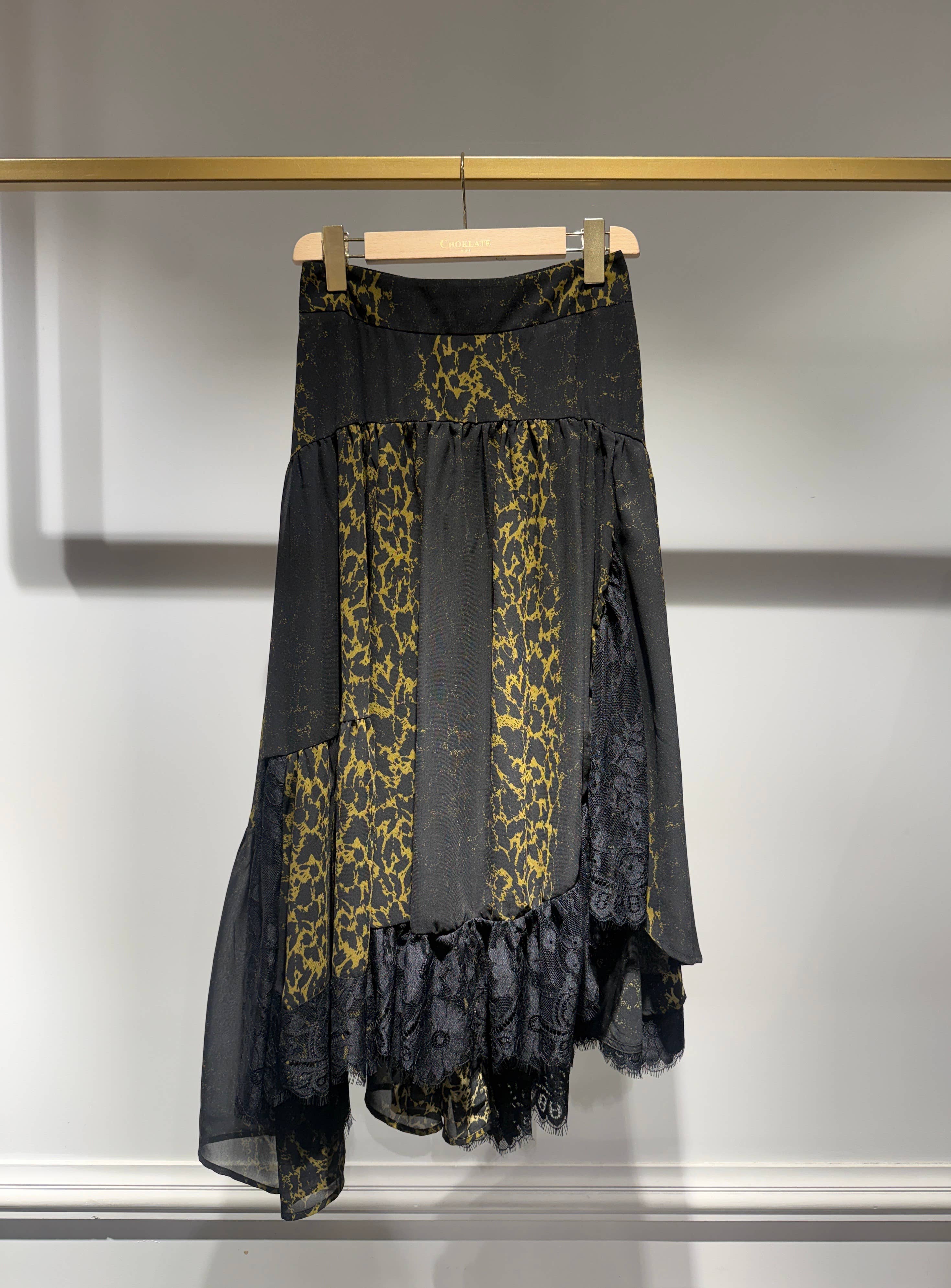Choklate Paris asymmetrischer Leopardenrock mit Spitze Khaki
