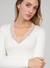 An´ge Paris ASTURIAL Langarmshirt Ecru | Spitzenbesatz V-Ausschnitt
