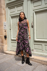 Choklate Paris - Ärmelloses Blusentop mit Rosenmuster - Schwarz-Rosa-Violett & Khaki