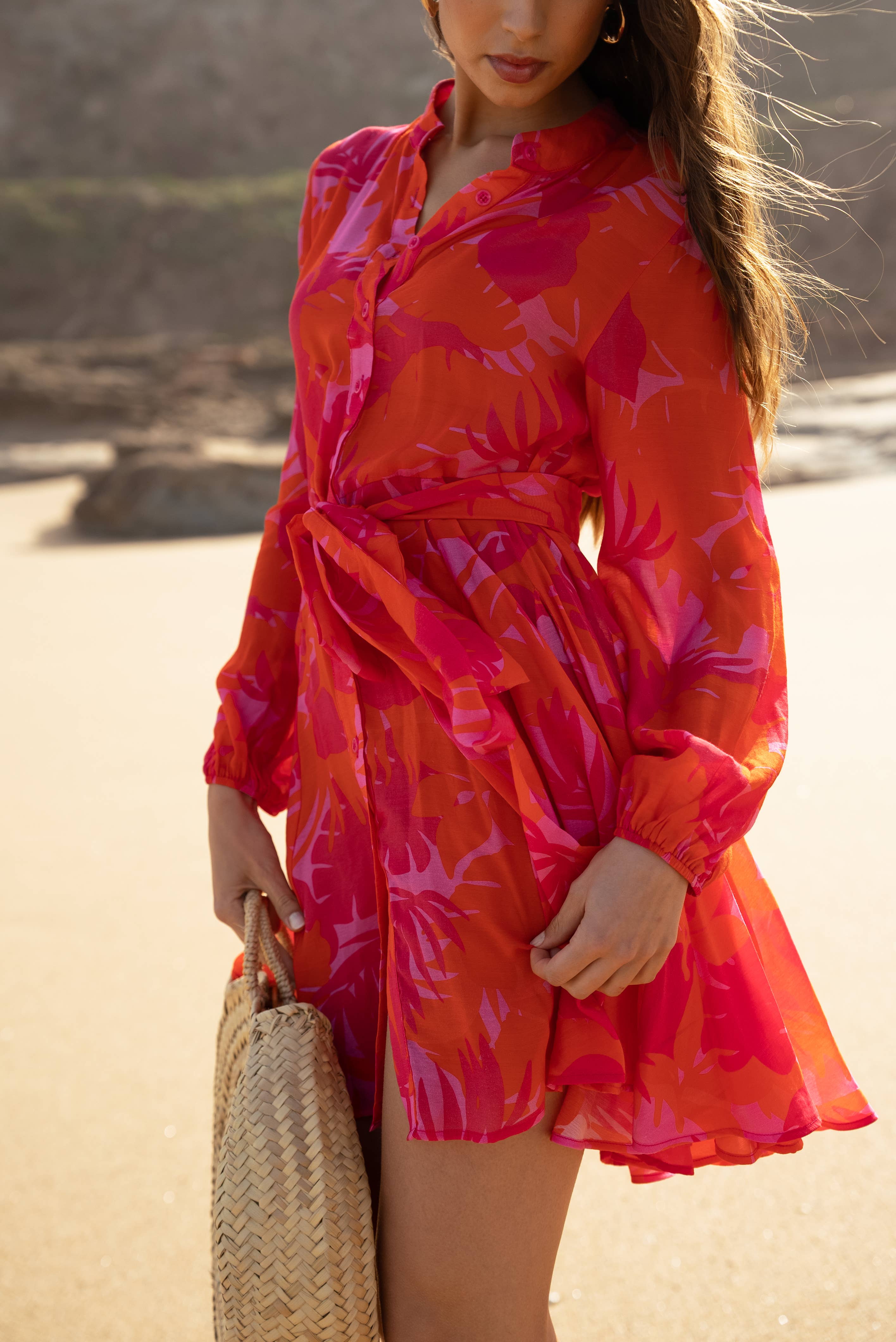 Choklate Paris Skaterkleid Sonia mit Druck aus Tencel-Seide – Rot/Pink/Orange