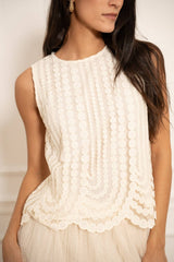 Choklate Paris Besticktes Tüll-Top - Ecru ärmellose Top