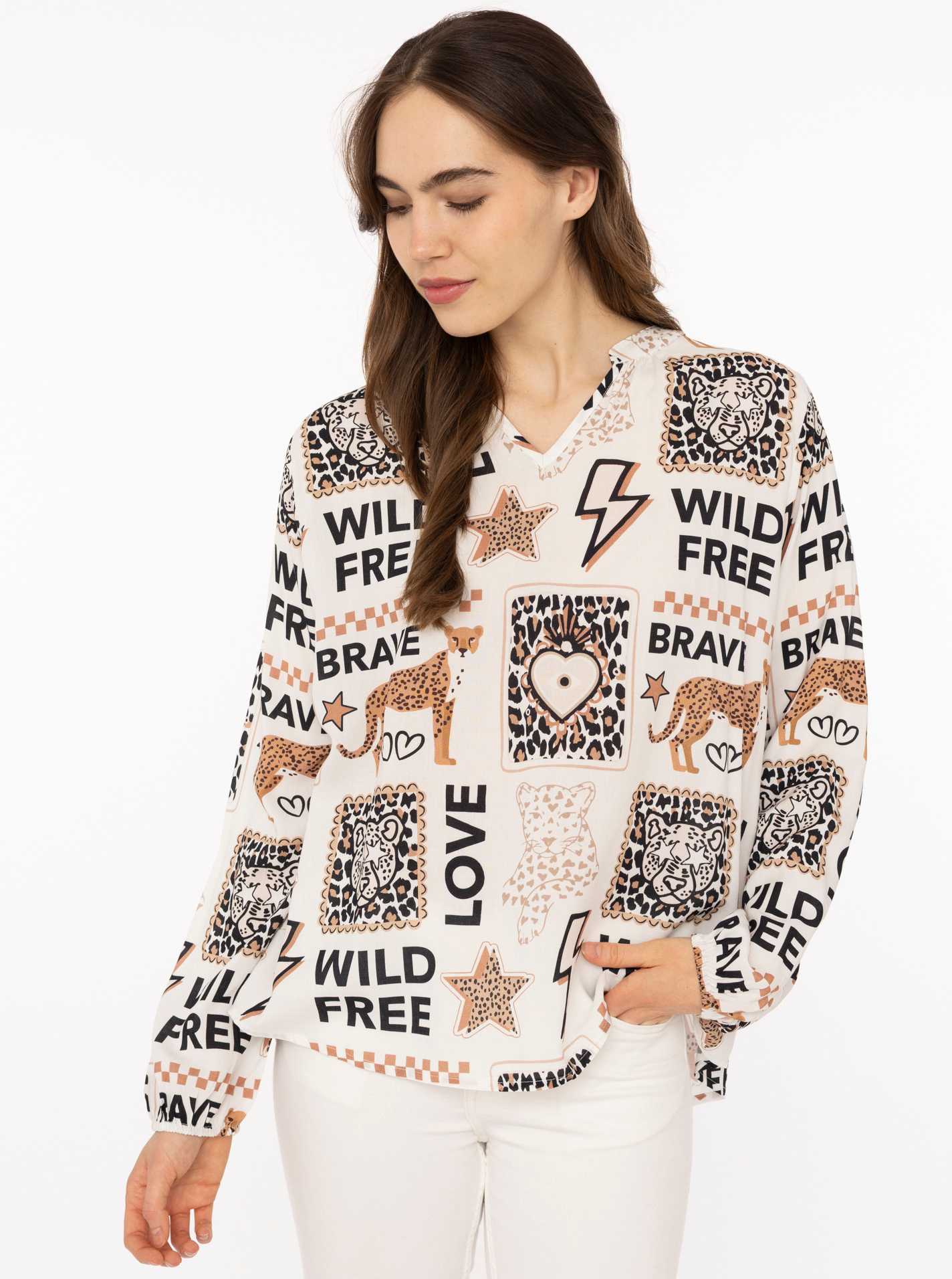 Zwillingsherz Bluse Wild Love Beige Animalprint Langarm