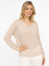 Zwillingsherz Rippstrick-Pullover - 100% Kaschmir - V-Ausschnitt - Hellbeige