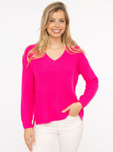 Zwillingsherz Rippstrick-Pullover - 100% Kaschmir - V-Ausschnitt - Neon-Pink
