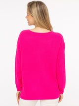 Zwillingsherz Rippstrick-Pullover - 100% Kaschmir - V-Ausschnitt - Neon-Pink