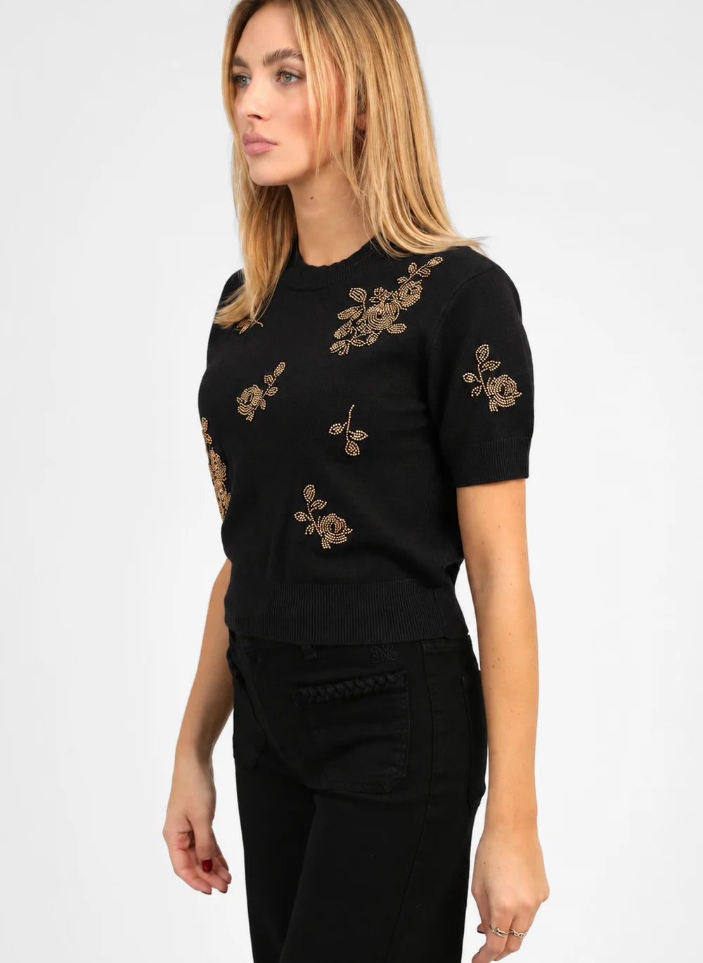 AN’GE Paris NAPAYA Kurzarmpullover Schwarz mit Strass und Perlen