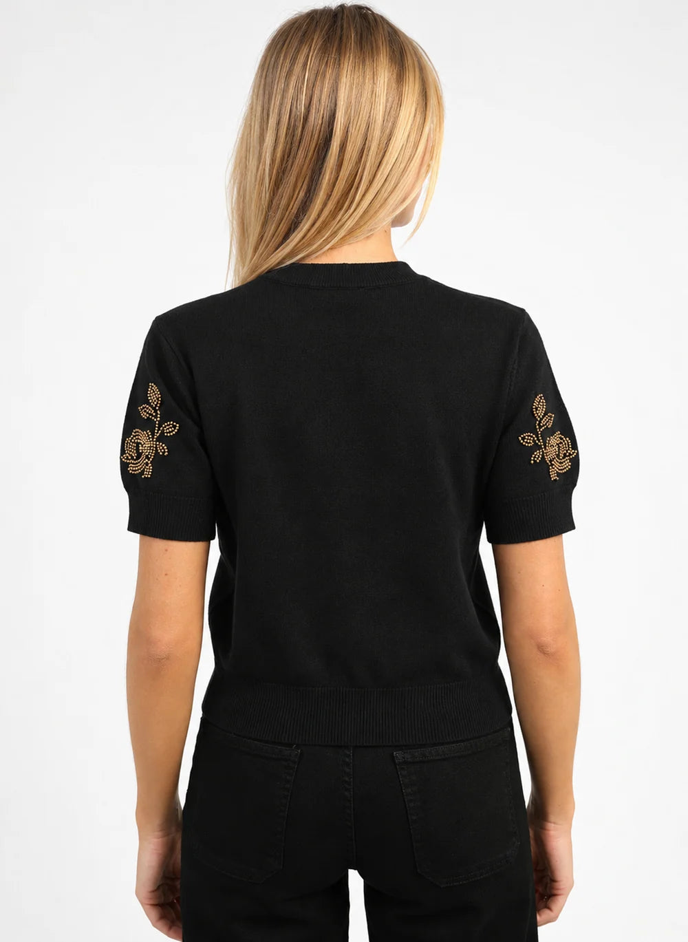 AN’GE Paris NAPAYA Kurzarmpullover Schwarz mit Strass und Perlen