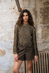 Lulumary Guipure-Spitzenbluse mit Rosenrelief Khaki