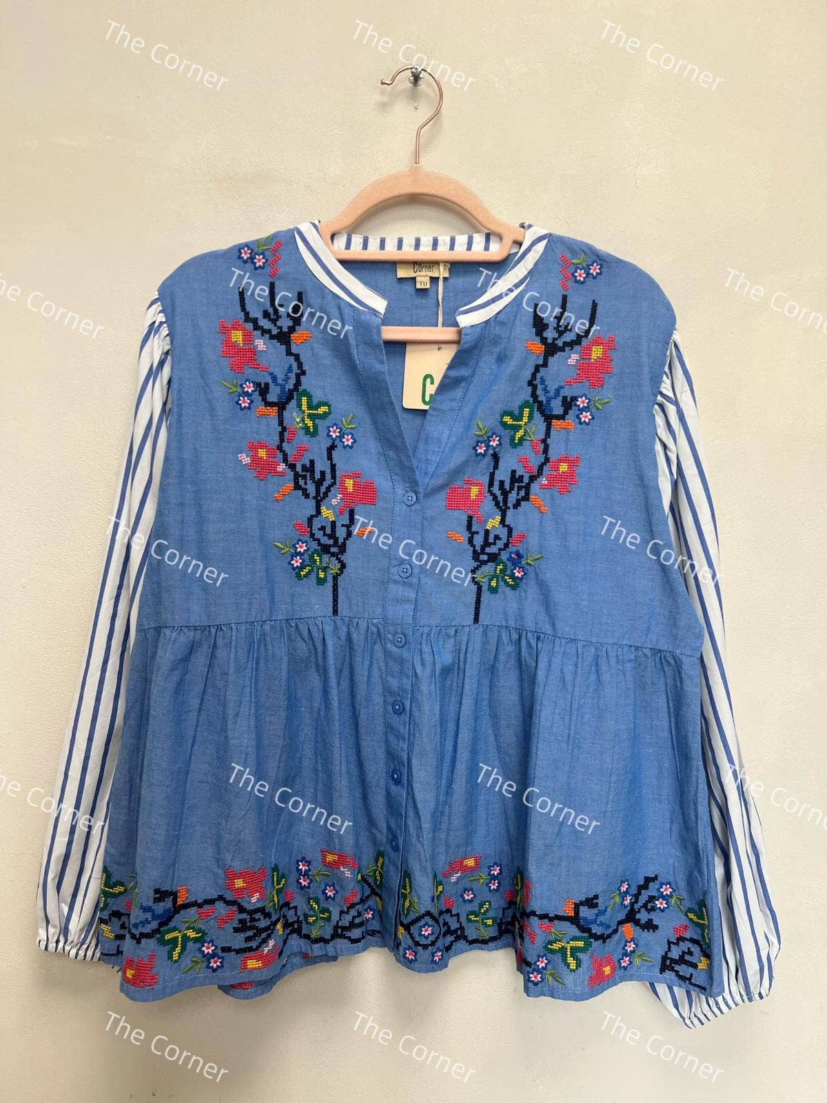 The Corner Bluse Isadora Puffärmel Kreuzstich Blau 100% Baumwolle
