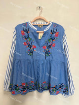 The Corner Bluse Isadora Puffärmel Kreuzstich Blau 100% Baumwolle