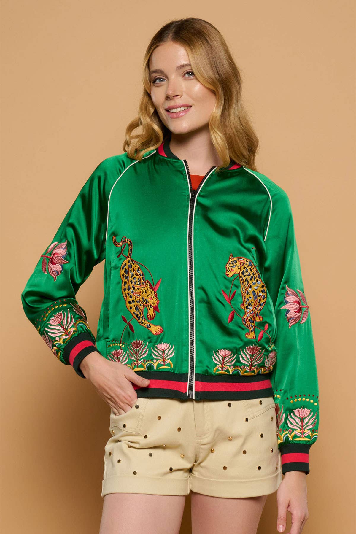Minueto Bomberjacke Jaguar Satin Grün mit Stickerei