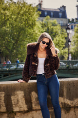 Giovanni Paris Kunstfelljacke „Lydia“ Dunkler Leopard mit großem Kragen