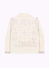 An´ge Paris Strickjacke Nissani Vanille | Fliederfarbene Oranmente & Fransendetails