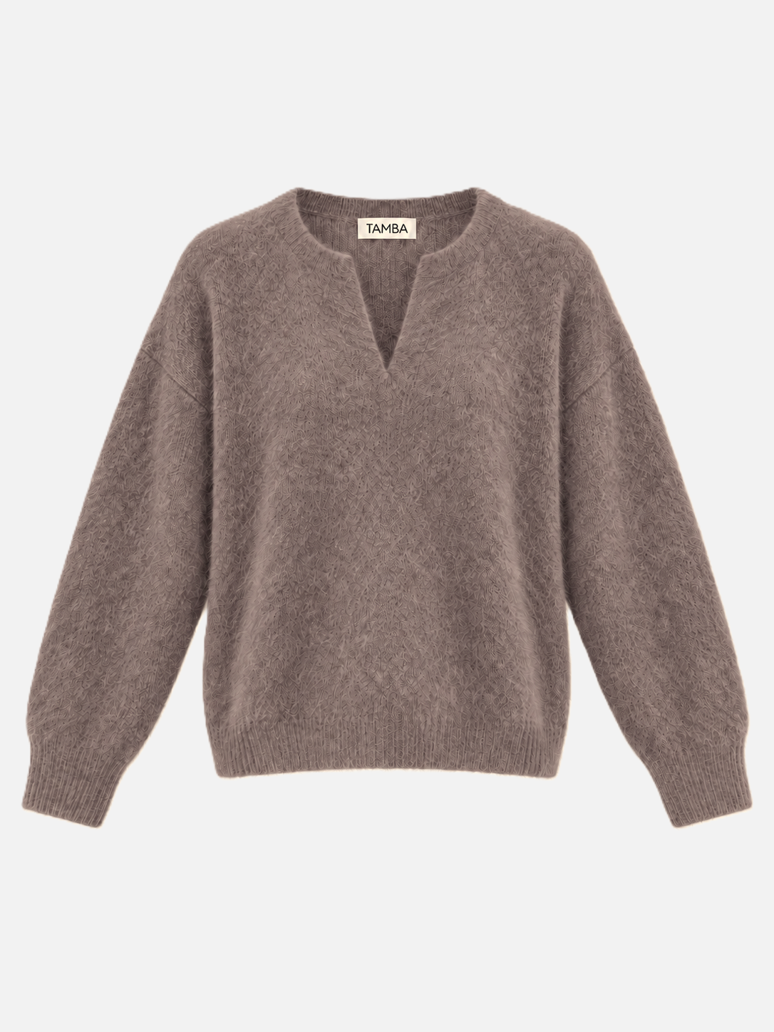 TAMBA Flauschiger Angora-Strickpullover mit V-Ausschnitt in Shipwreck-Taupe – lockere Passform