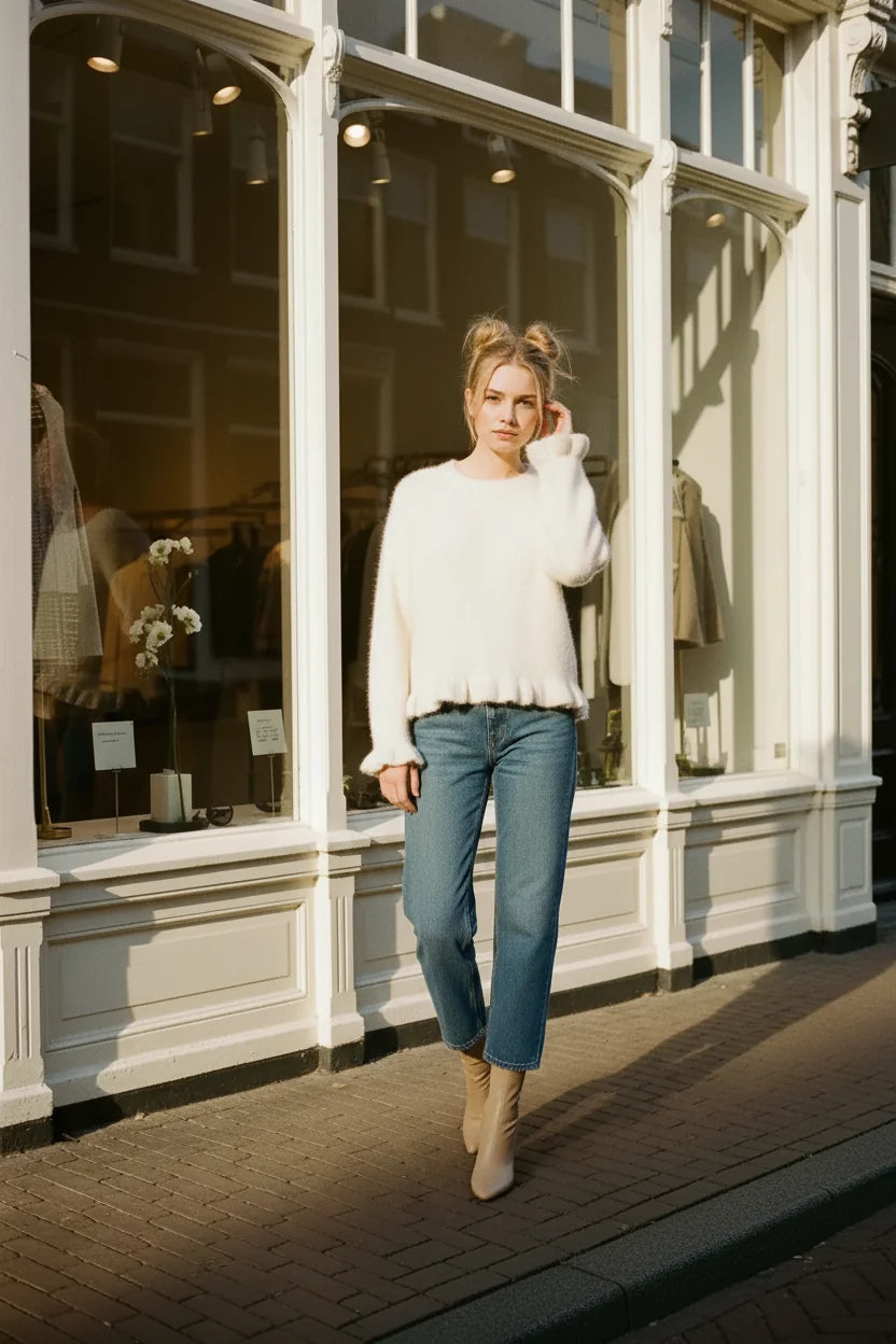 Audrey Paris Strickpullover mit Rüschen Creme