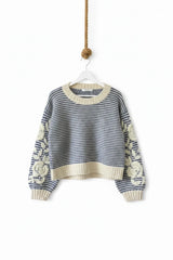 Afinity Strickpullover Audrey mit Blumenstickerei Bleu