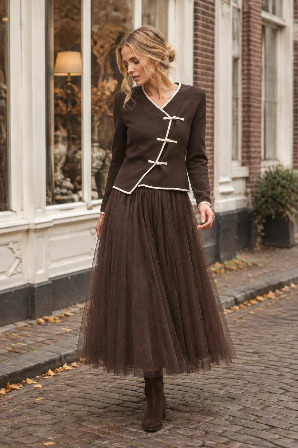 Lulumary Pullover in Jackenoptik Kaffeebraun-Creme