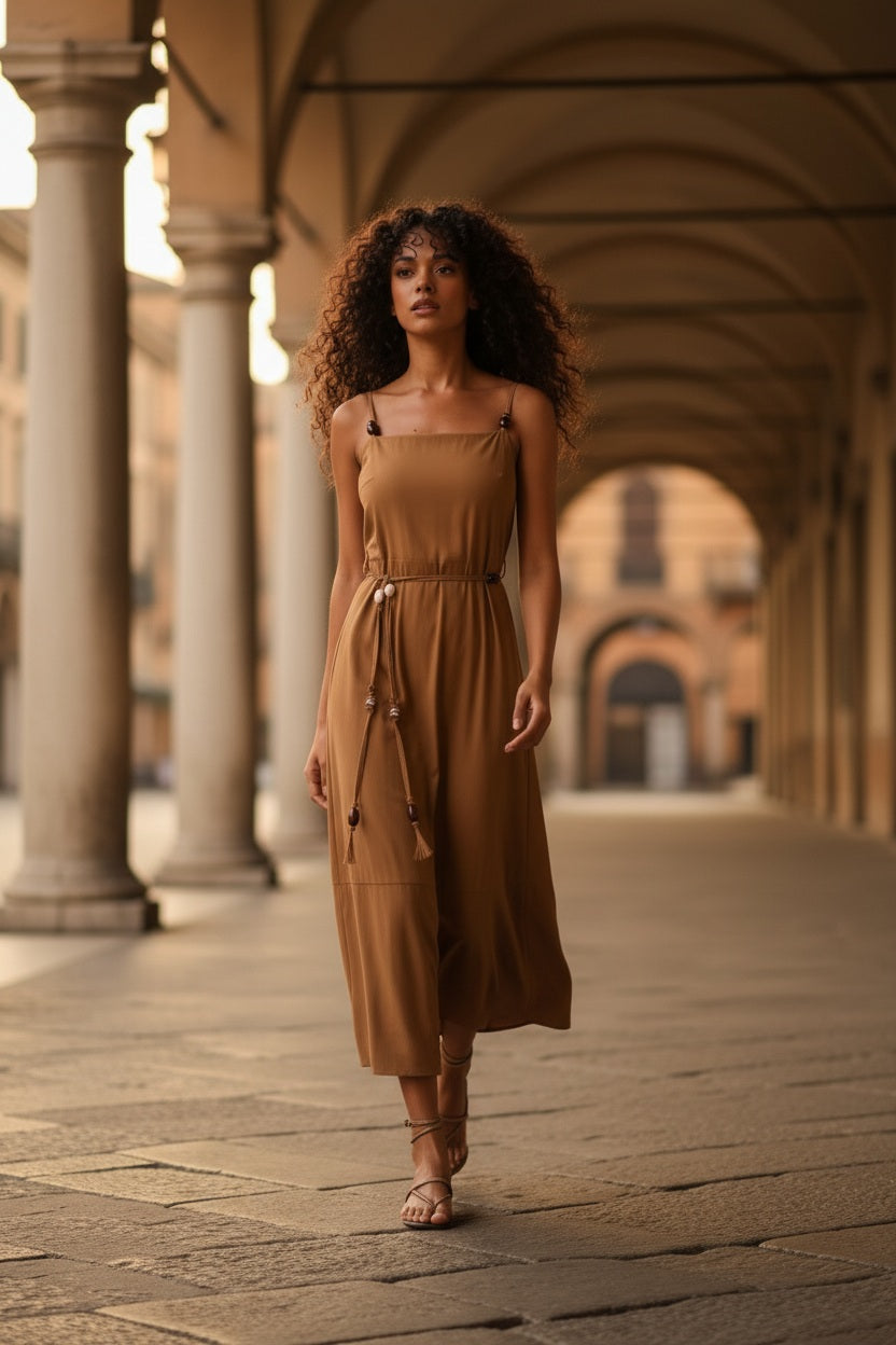Angé Paris Maliam Camelbraun langes Midikleid mit Schmuckperlen