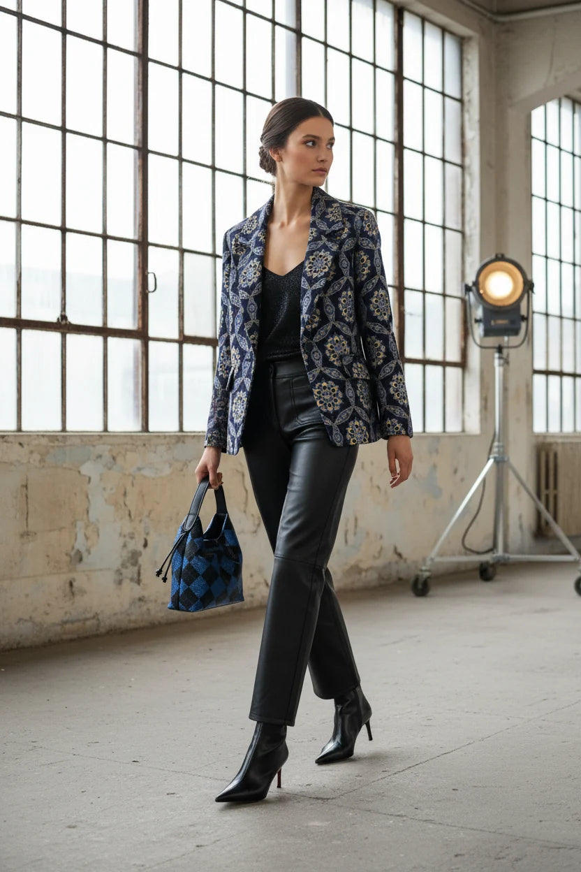 An'ge Paris Blazer Harlemo Schwarz-Blau Jacquard Gerader Schnitt