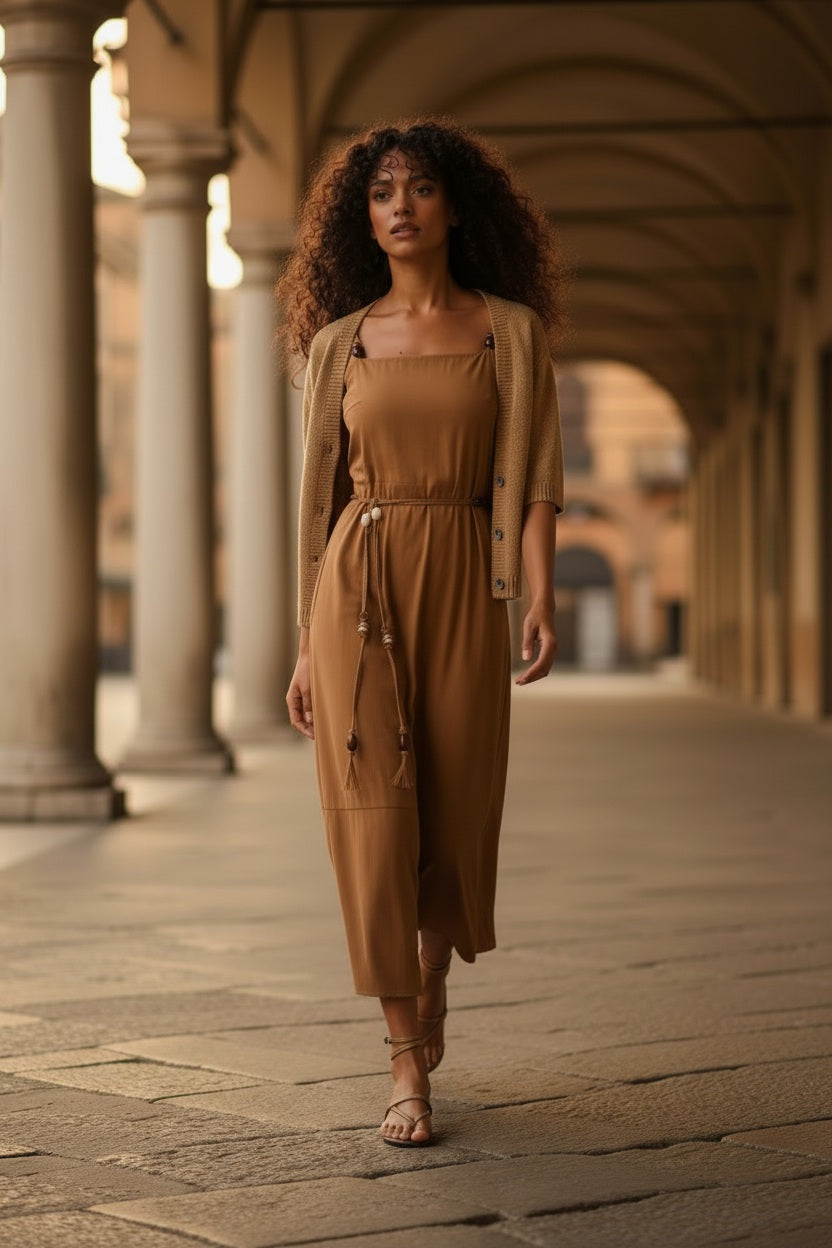 AN’GE Paris Leviora Kurzarm-Cardigan Camelbeige