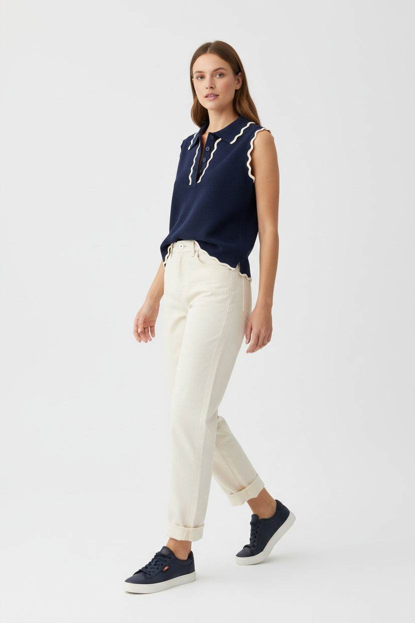 Ange Paris Feinstrick-Top Marine Blau ärmellos mit Polokragen
