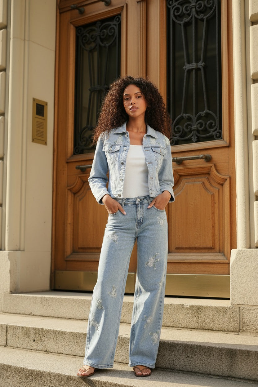 An'ge Paris Jeans PAFLI Blau mit feiner Blütenstickerei