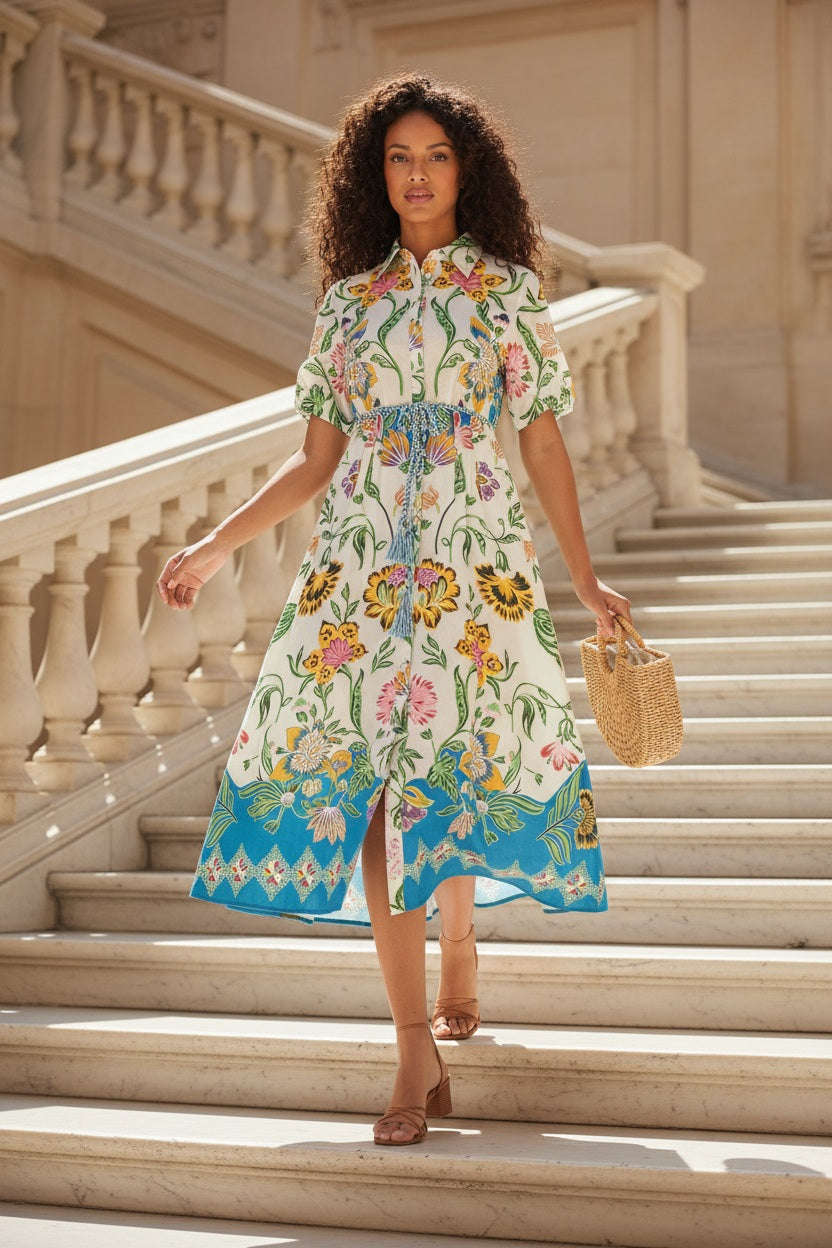An'ge Paris Midikleid Odomina Florius Multico Blau 100% Baumwolle