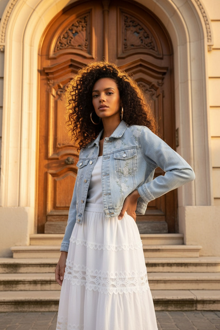 An'ge Paris Jeansjacke Pfiffeuille Hellblau mit Blütenstickerei