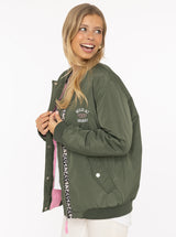 Zwillingsherz Bomberjacke "Wild at Heart" Olive - Statement-Jacke mit Leo-Print
