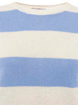 Zwillingsherz 100% Kaschmir Rundhalspullover Blockstreifen Hellblau Creme
