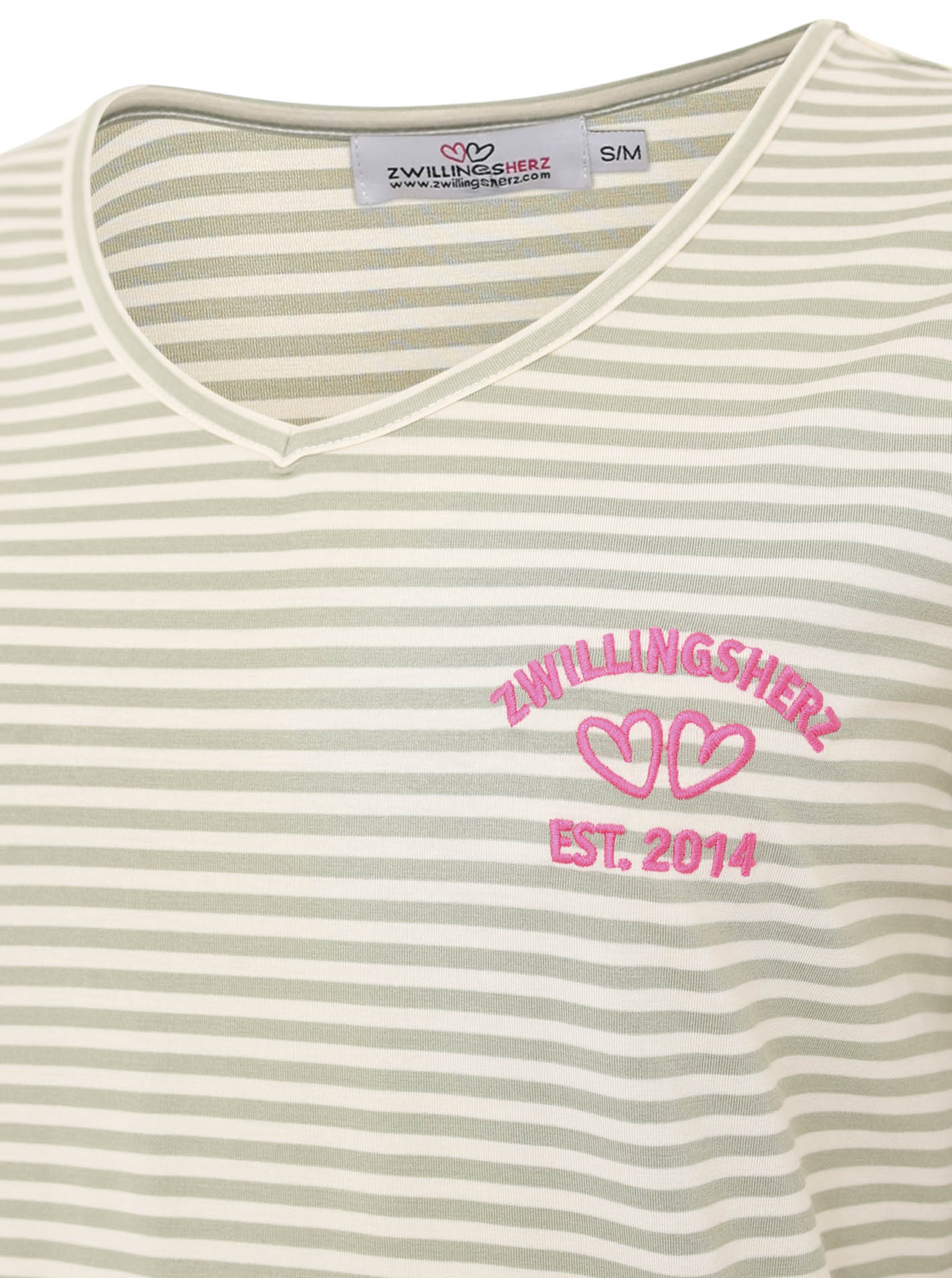 Zwillingsherz T-Shirt Streifen mit Zwillingsherz-Emblem Grün-Weiß | V-Ausschnitt