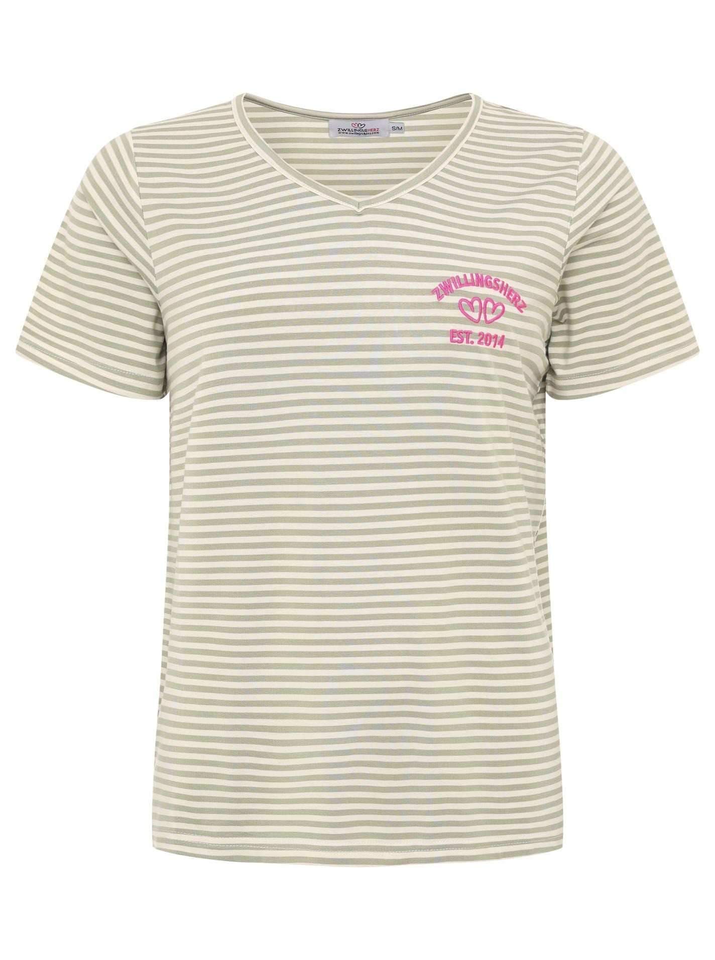 Zwillingsherz T-Shirt Streifen mit Zwillingsherz-Emblem Grün-Weiß | V-Ausschnitt