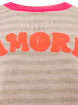 Zwillingsherz Kurzarm Pullover Wollmix "Amore" Beige - Streifenmuster mit Orange & Pink