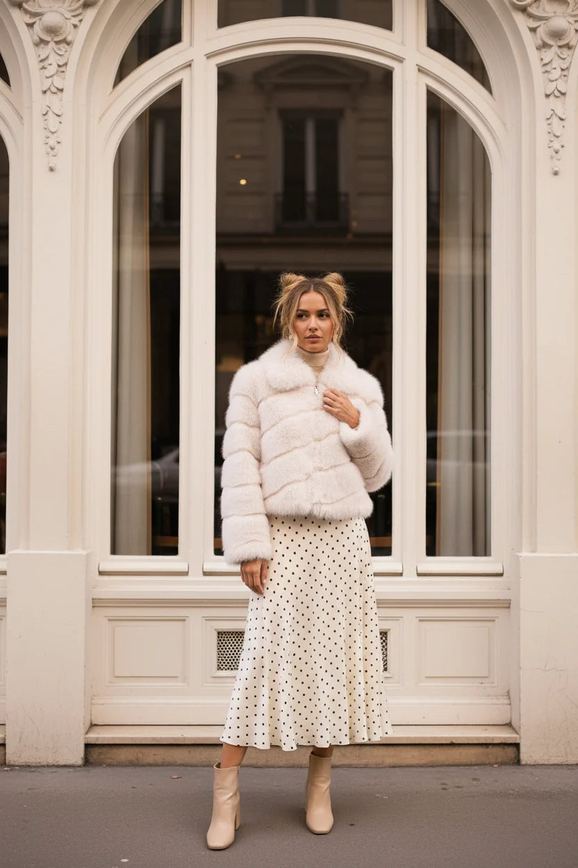 Attentif Paris Kunstfell-Jacke Beige – Langhaarig & schräg gestreift