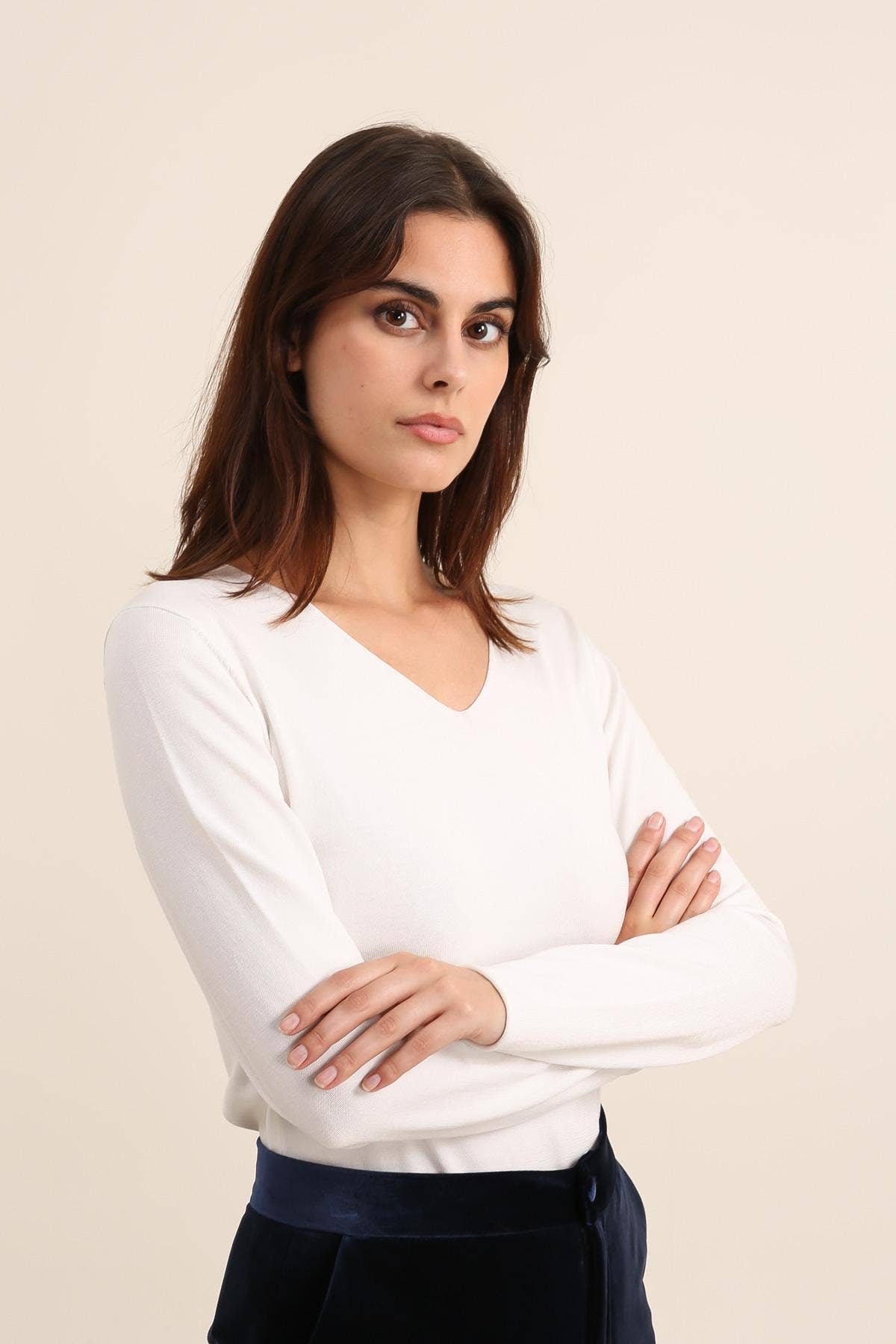 Choklate Paris feiner V-Ausschnitt Pullover aus Tencel und Lurex Creme
