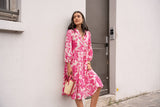 Choklate Paris Sienna Hemdblusenkleid Midilänge Florales Hibiskusmuster Pink-Weiß - Boho-Stil