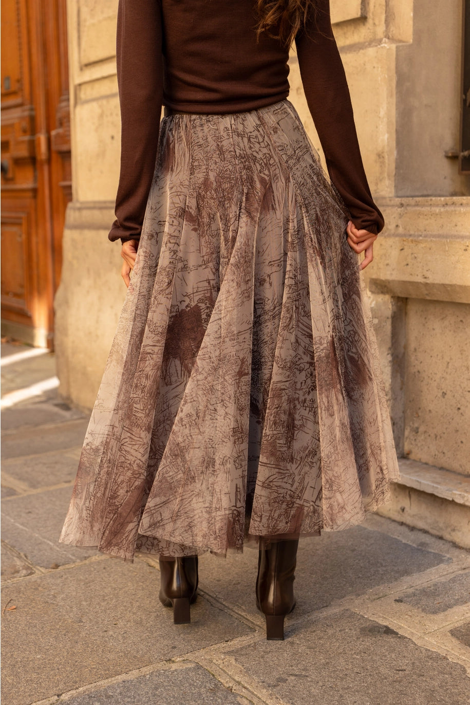 Choklate Paris Tüllrock mit Toile de Jouy Druck - Langer Tüllrock in Taupe