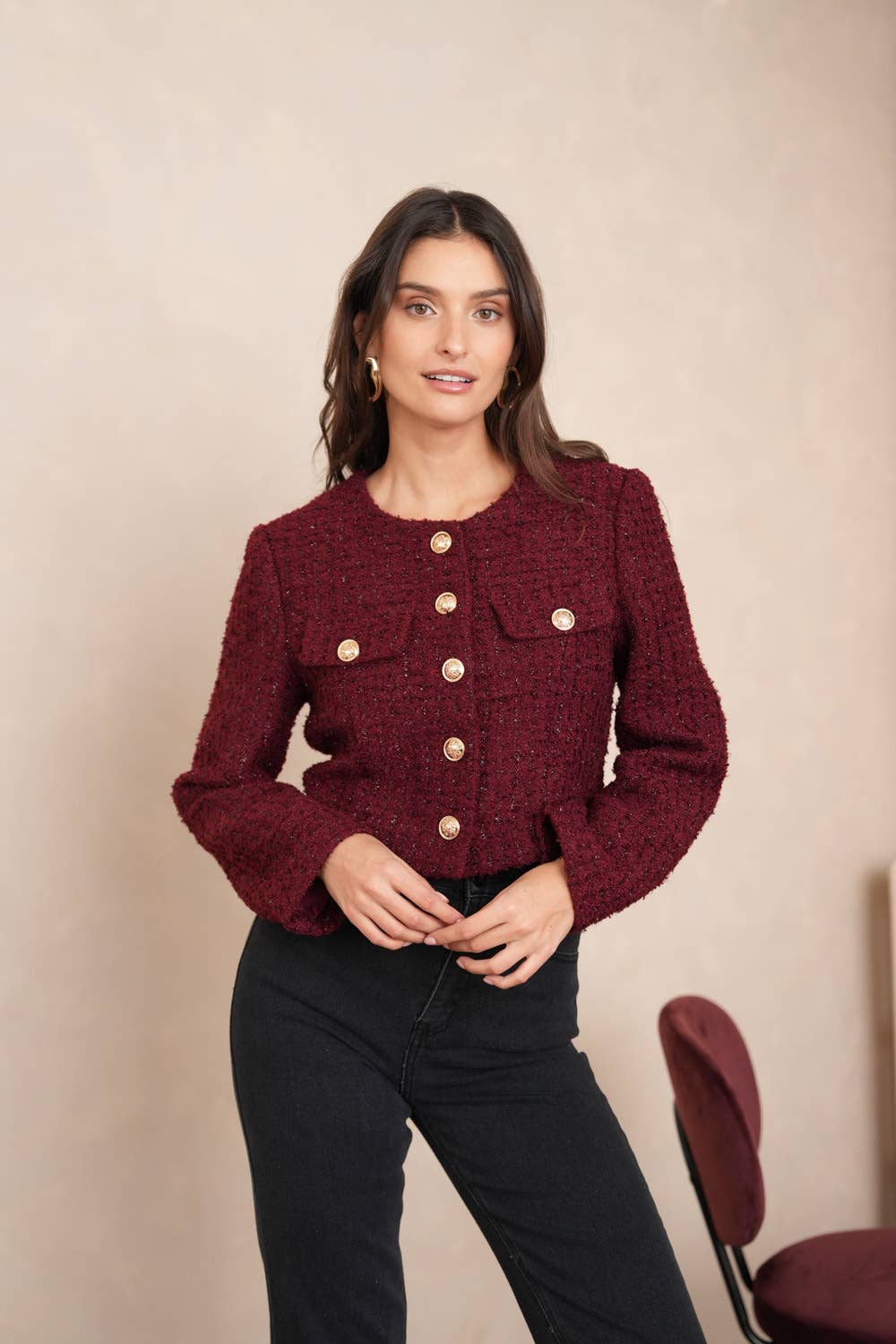 Jenny kurze Jacke aus Pailletten-Tweed - CK08346-1: Bordeaux / 1S-1L