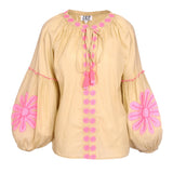 Jep Holland Bestickte Bluse Beige Pink Boho 100% Baumwolle